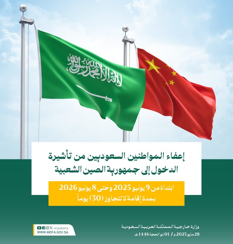 محليات السعودية: المملكة تثمن إعلان الصين إعفاء المواطنين السعوديين من تأشيرة الدخول